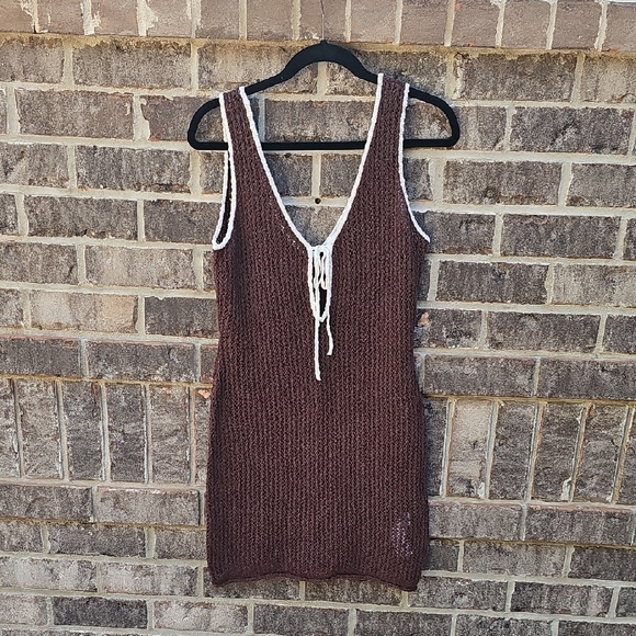 Abercrombie & Fitch Brown Knit Swim Cover Up Mini Dress with Cream Trim - Picture 2 of 11